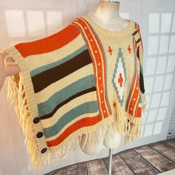 Mantos Eternity Multicolor Southwest Vibe Fringe Sweater Poncho One Size - Picture 2 of 8